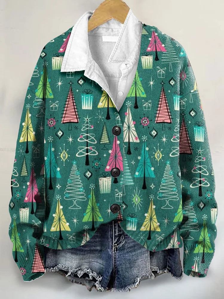 Vintage Christmas Tree Art Print Buttoned V-neck Cardigan