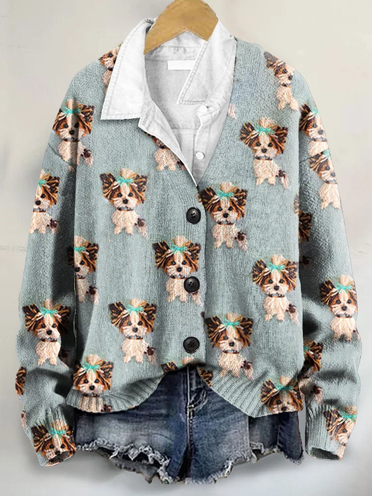 Cute Dog Lover Art Print Buttoned V-neck Cardigan