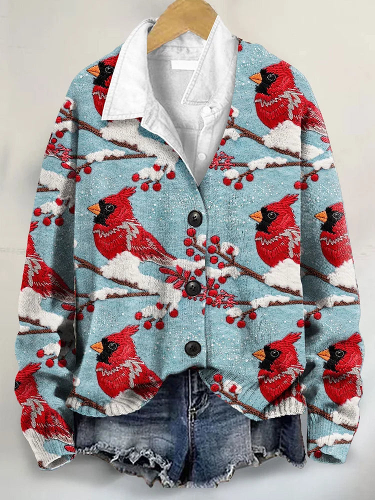 Christmas Red Bird Art Print Buttoned V-neck Cardigan