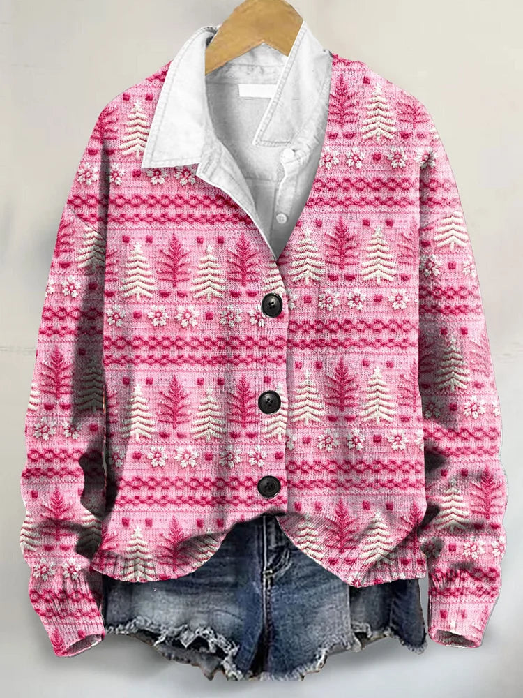 Cute Pink Christmas Tree Art Print Buttoned V-neck Cardigan