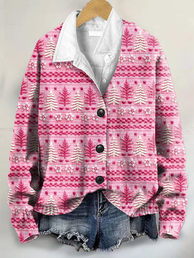 Cute Pink Christmas Tree Art Print Buttoned V-neck Cardigan