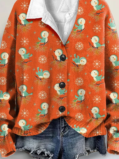 Vintage Christmas Art Print Buttoned V-neck Cardigan