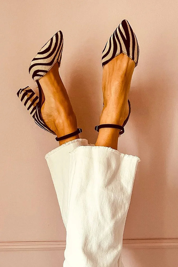 Zebra-print Pointed Toe Pumps with Ankle Strap