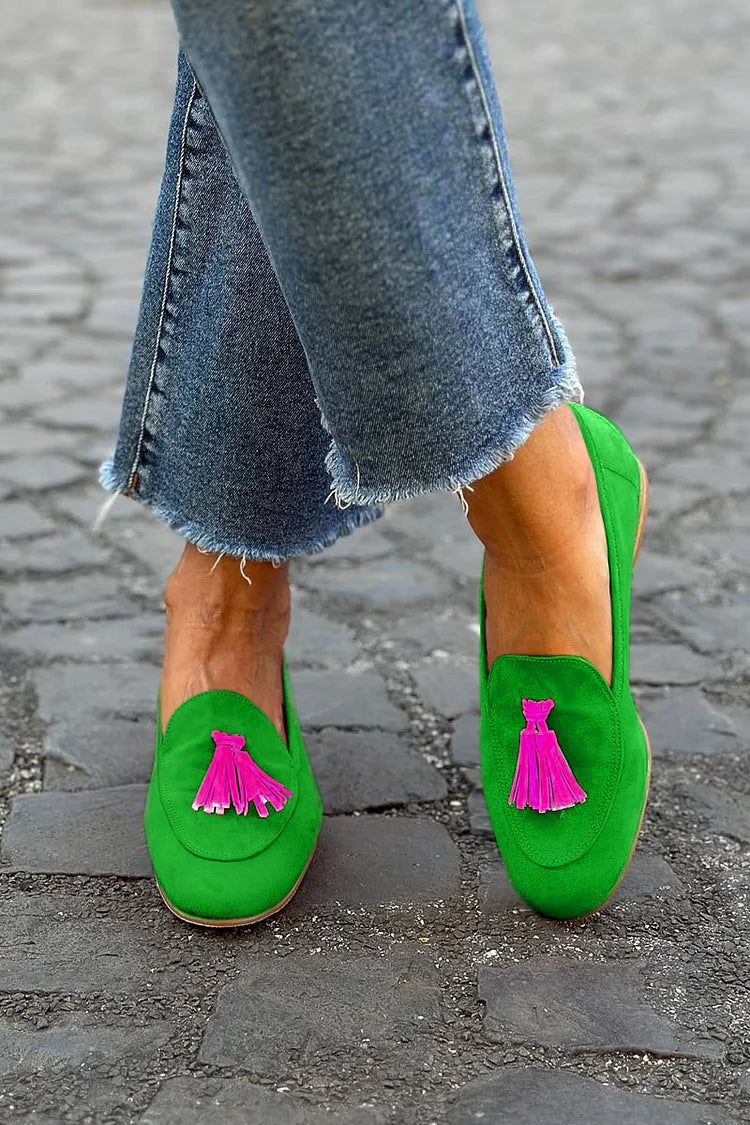 Green Loafers with Fuchsia Tassel