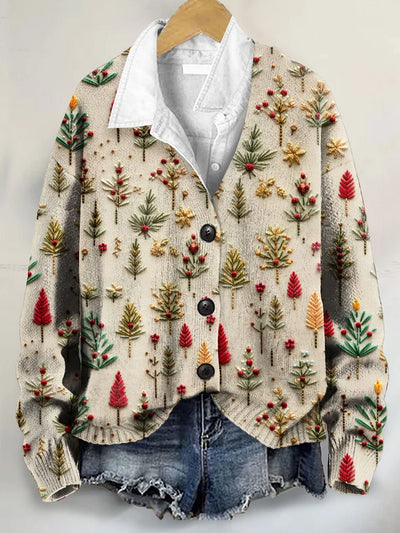 Cute Christmas Tree Art Print Buttoned V-neck Cardigan