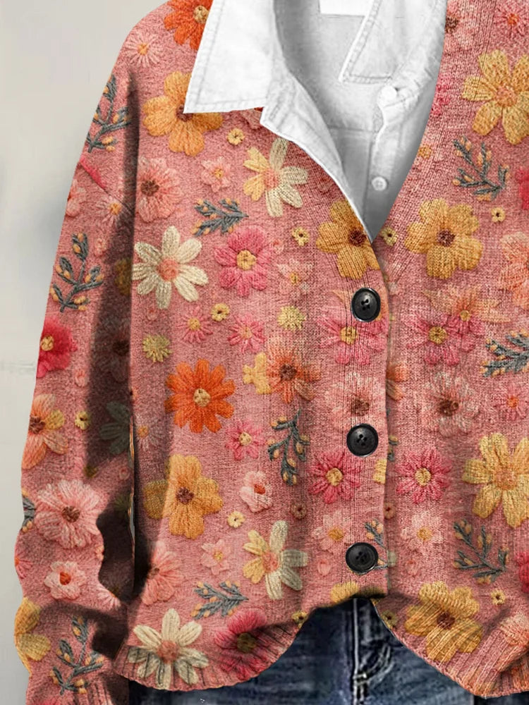 Retro Floral Art Buttoned V-Neck Knit Cardigan