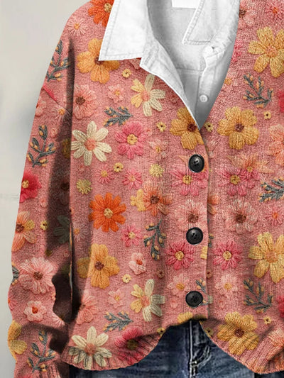 Retro Floral Art Buttoned V-Neck Knit Cardigan