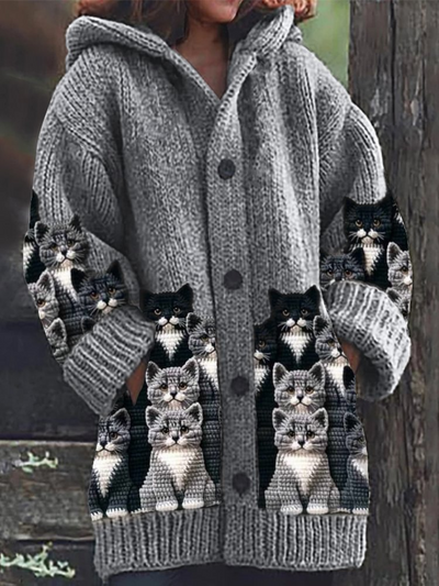 Jasmin - Cozy Knit Cat Print Cardigan