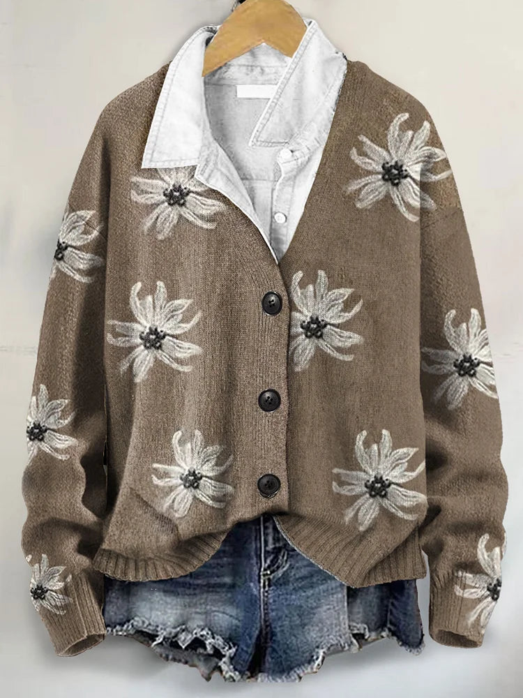 Stylish Vintage Art Print Button-Up Cardigan