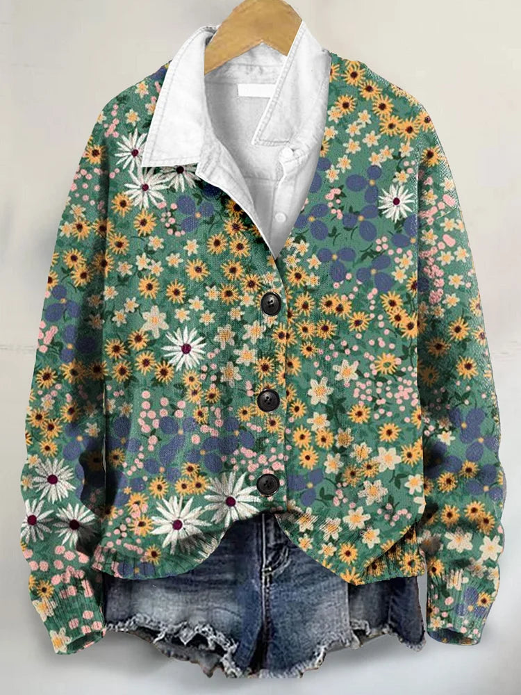 Wild Floral Art Print Buttoned V-neck Cardigan