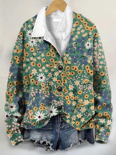 Wild Floral Art Print Buttoned V-neck Cardigan