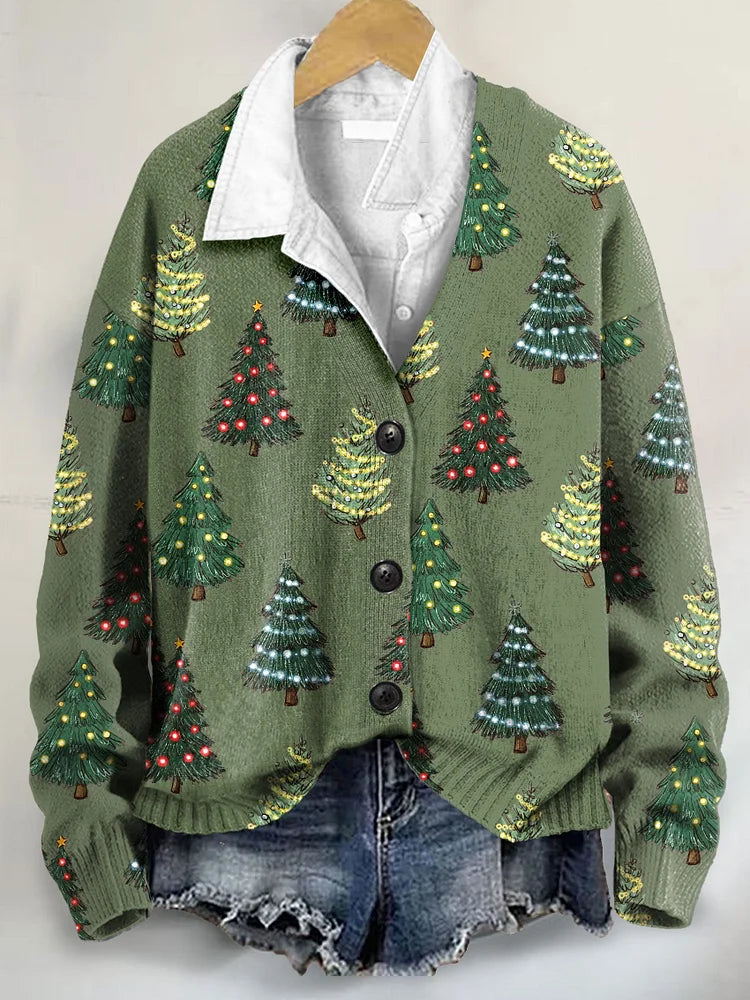 Christmas Tree Art Print Buttoned V-neck Cardigan