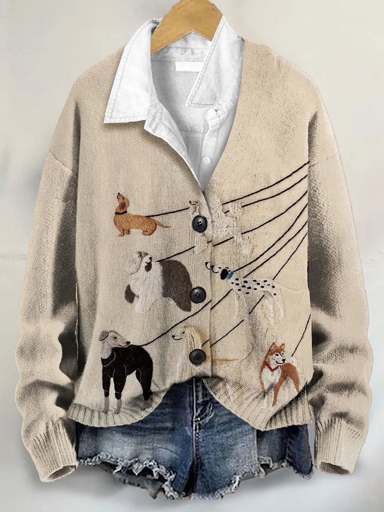 Dog 3D Art Print Buttoned V-neck Cardigan