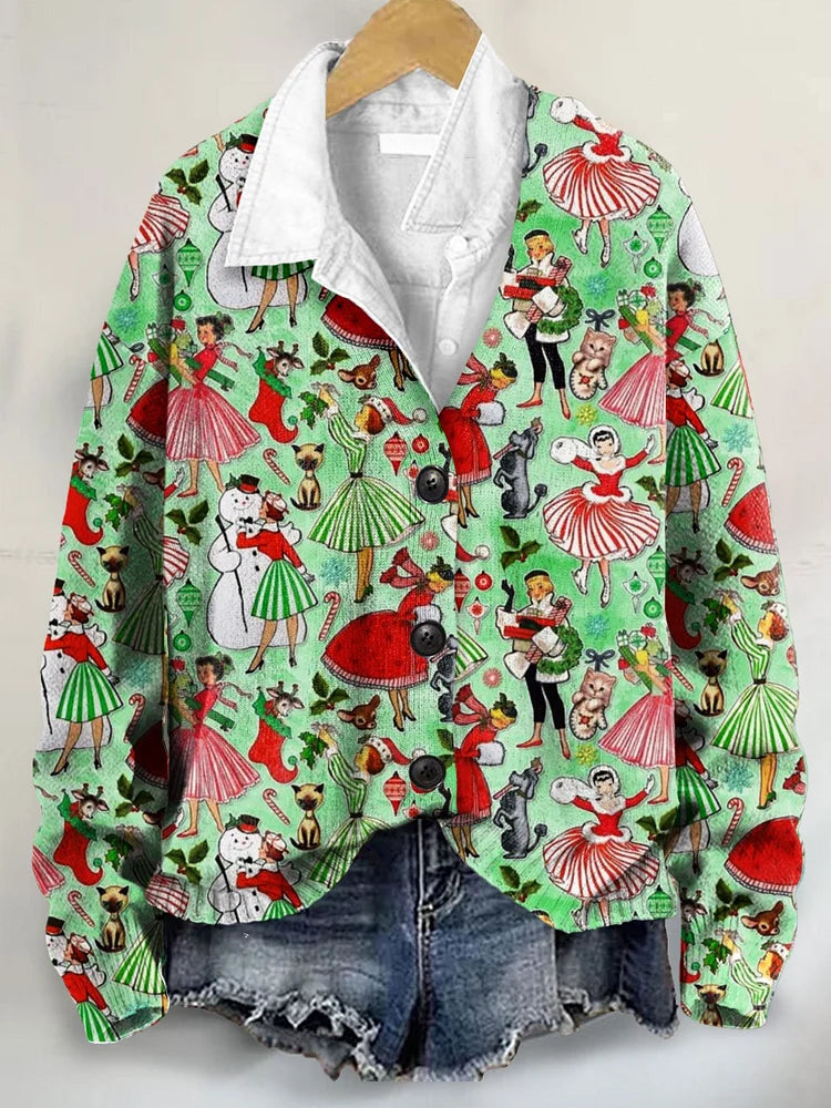 Cute Christmas Art Print Buttoned V-neck Cardigan