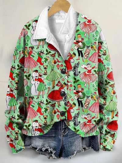 Cute Christmas Art Print Buttoned V-neck Cardigan