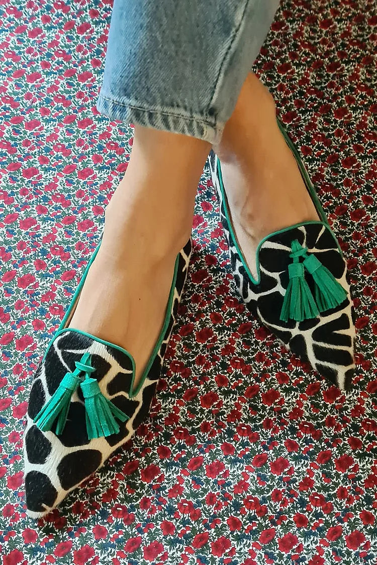 Pointed Loafers with Giraffe Print and Green Fringes
