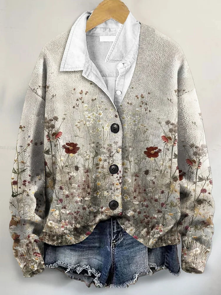 Vintage Floral Art Print Buttoned V-neck Cardigan
