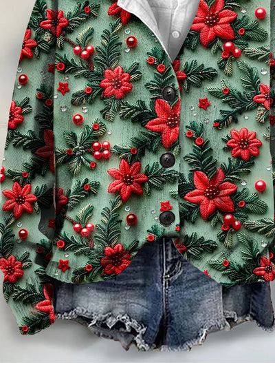 Floral 3D Art Print Christmas Buttoned V-neck Cardigan