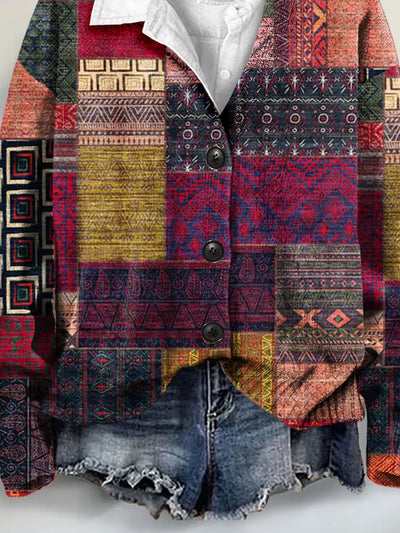 Vintage Art Print Buttoned V-neck Cardigan