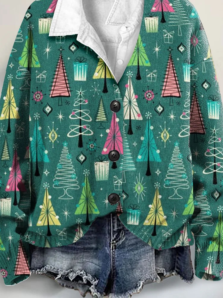 Vintage Christmas Tree Art Print Buttoned V-neck Cardigan