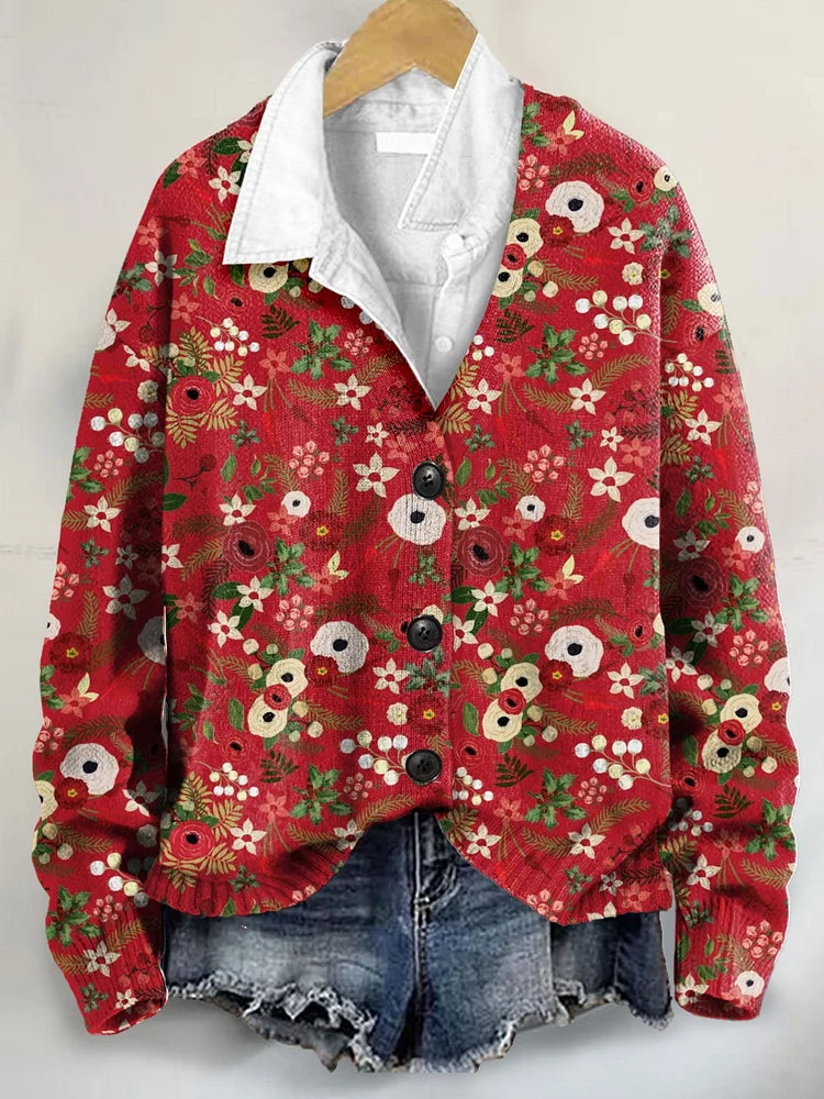 Christmas Floral  Art Print Buttoned V-neck Cardigan
