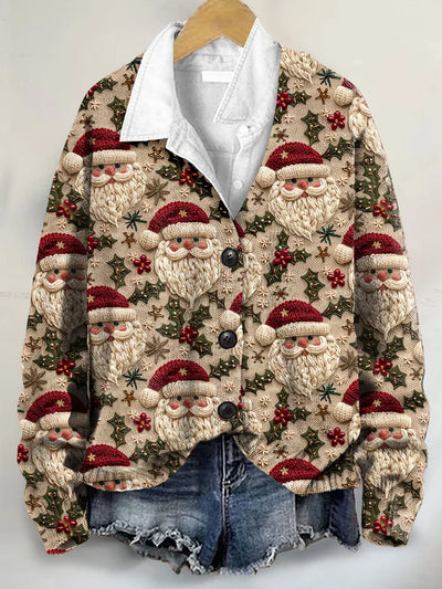 Santa 3D Art Print Buttoned V-neck Cardigan