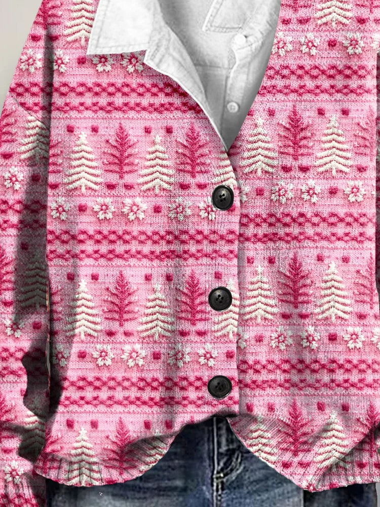 Cute Pink Christmas Tree Art Print Buttoned V-neck Cardigan