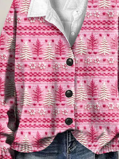 Cute Pink Christmas Tree Art Print Buttoned V-neck Cardigan