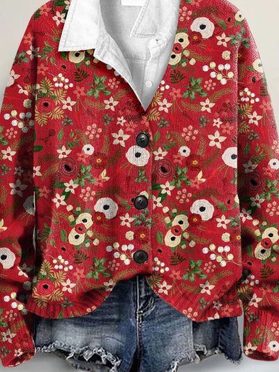 Christmas Floral  Art Print Buttoned V-neck Cardigan