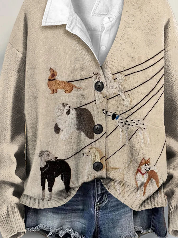 Dog 3D Art Print Buttoned V-neck Cardigan