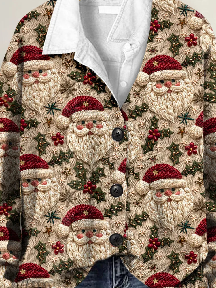 Santa 3D Art Print Buttoned V-neck Cardigan