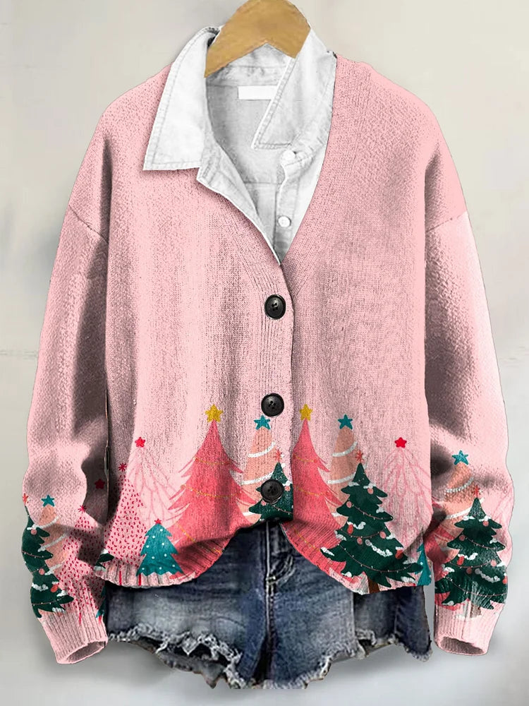 Pink Christmas Tree Art Print Buttoned V-neck Cardigan