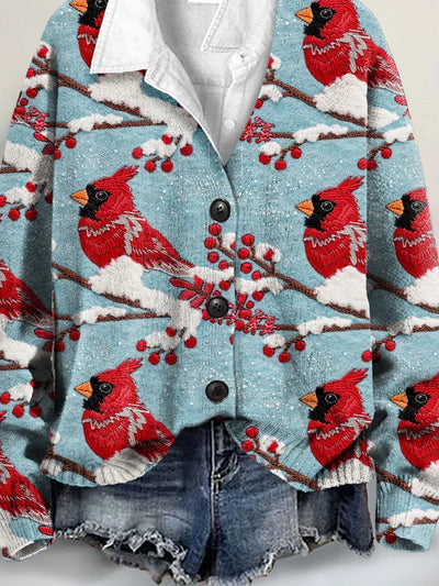 Christmas Red Bird Art Print Buttoned V-neck Cardigan