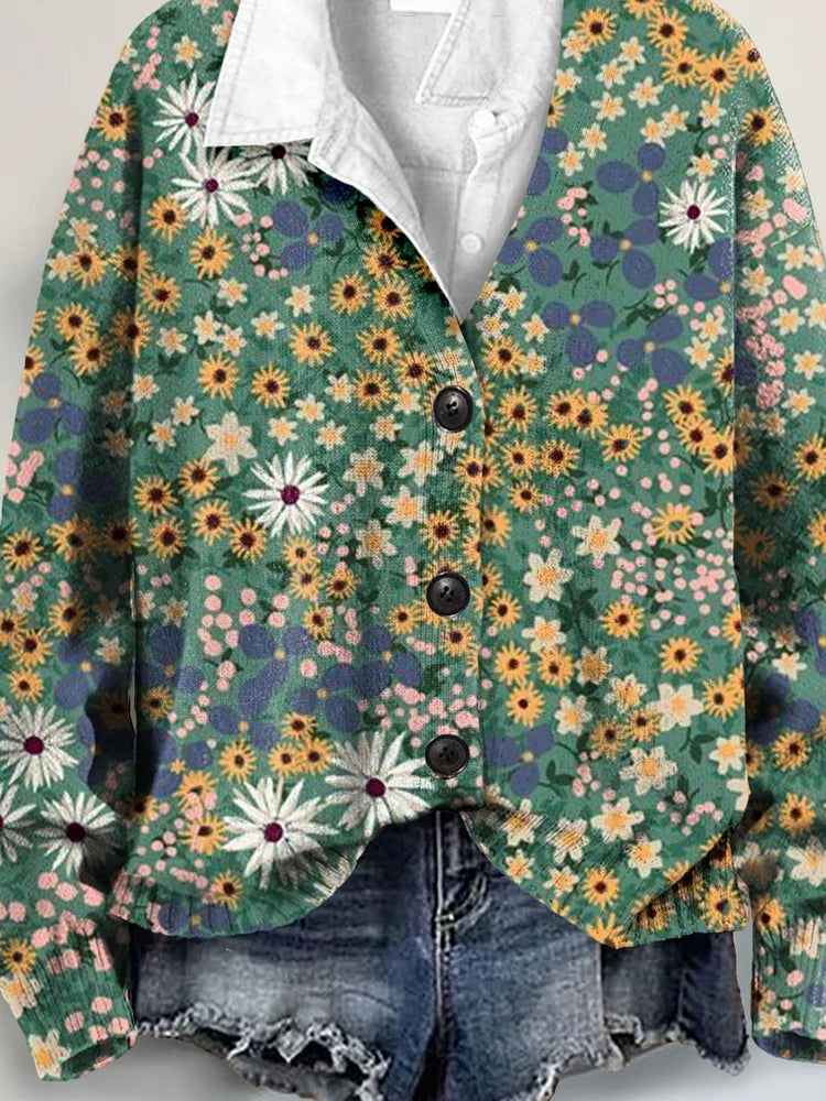 Wild Floral Art Print Buttoned V-neck Cardigan