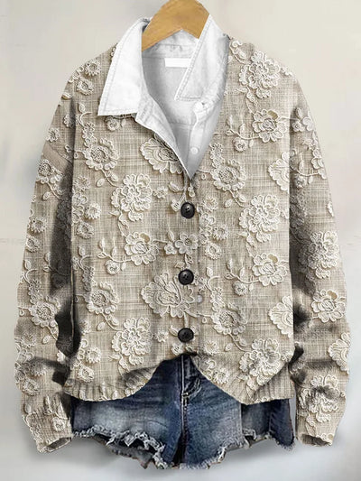 Lace Floral 3D Art Print Buttoned V-neck Cardigan