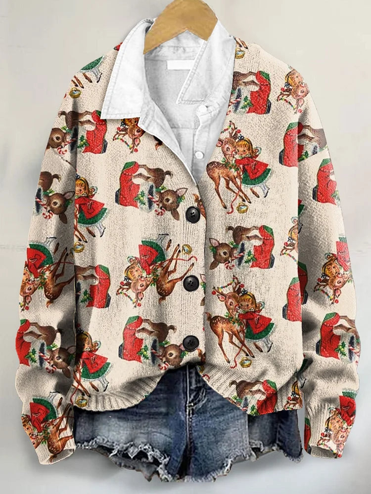 Christmas Art Print Buttoned V-neck Cardigan