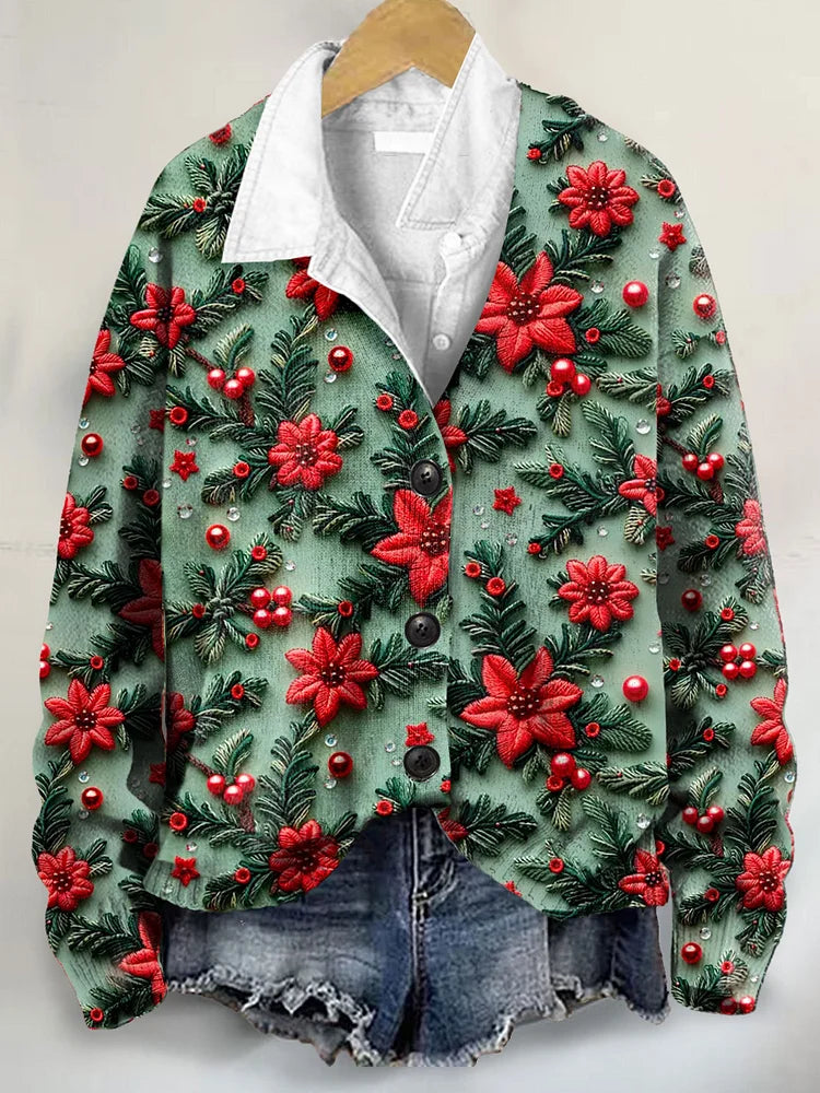 Floral 3D Art Print Christmas Buttoned V-neck Cardigan