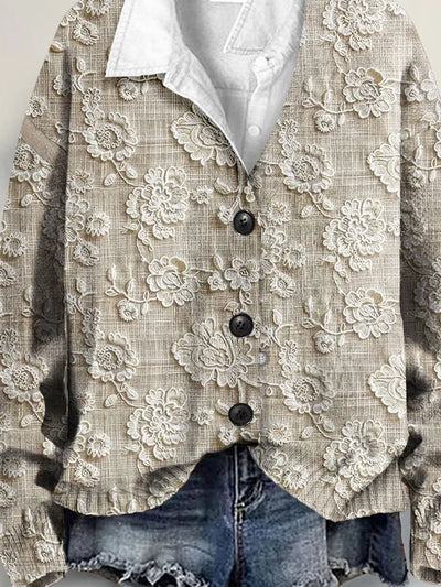 Lace Floral 3D Art Print Buttoned V-neck Cardigan