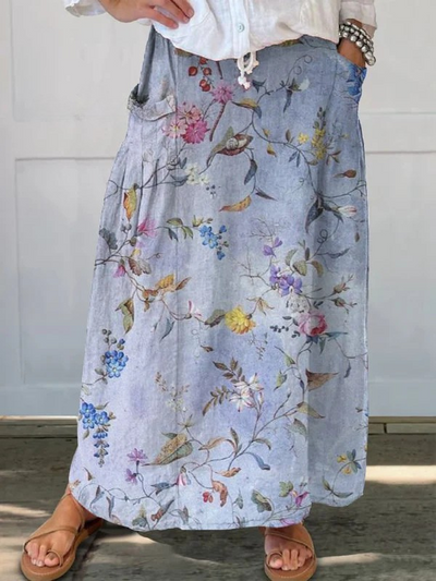 Women's Elegant Blue Print Pocket Skirt