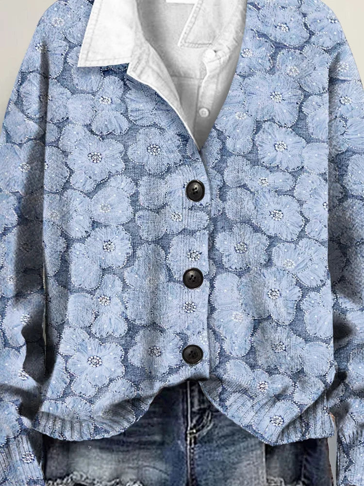 Floral Lace 3D Art Print Buttoned V-neck Cardigan