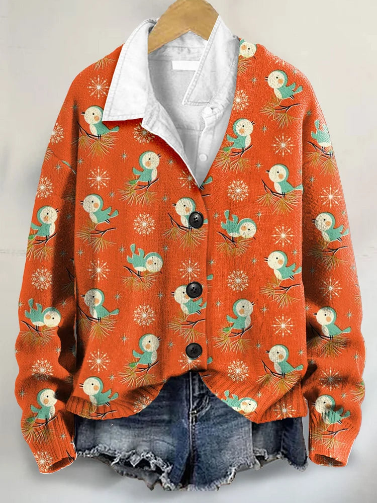 Vintage Christmas Art Print Buttoned V-neck Cardigan