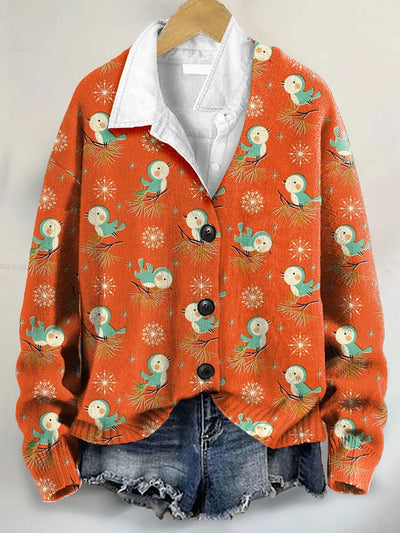 Vintage Christmas Art Print Buttoned V-neck Cardigan