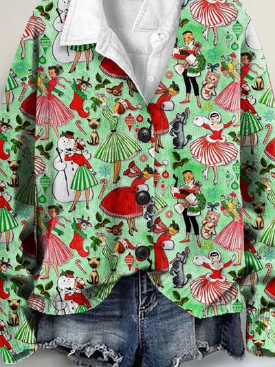 Cute Christmas Art Print Buttoned V-neck Cardigan
