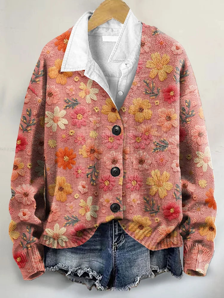 Retro Floral Art Buttoned V-Neck Knit Cardigan