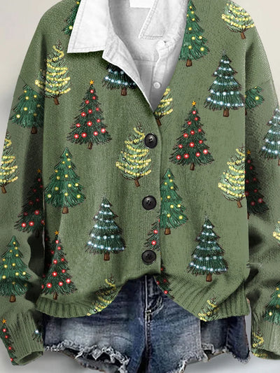 Christmas Tree Art Print Buttoned V-neck Cardigan