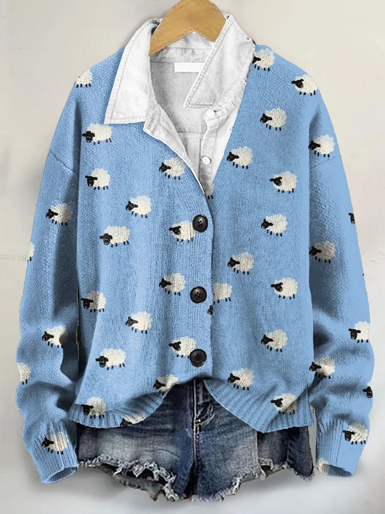 Cute Black Sheep Art Print Buttoned V-neck Cardigan