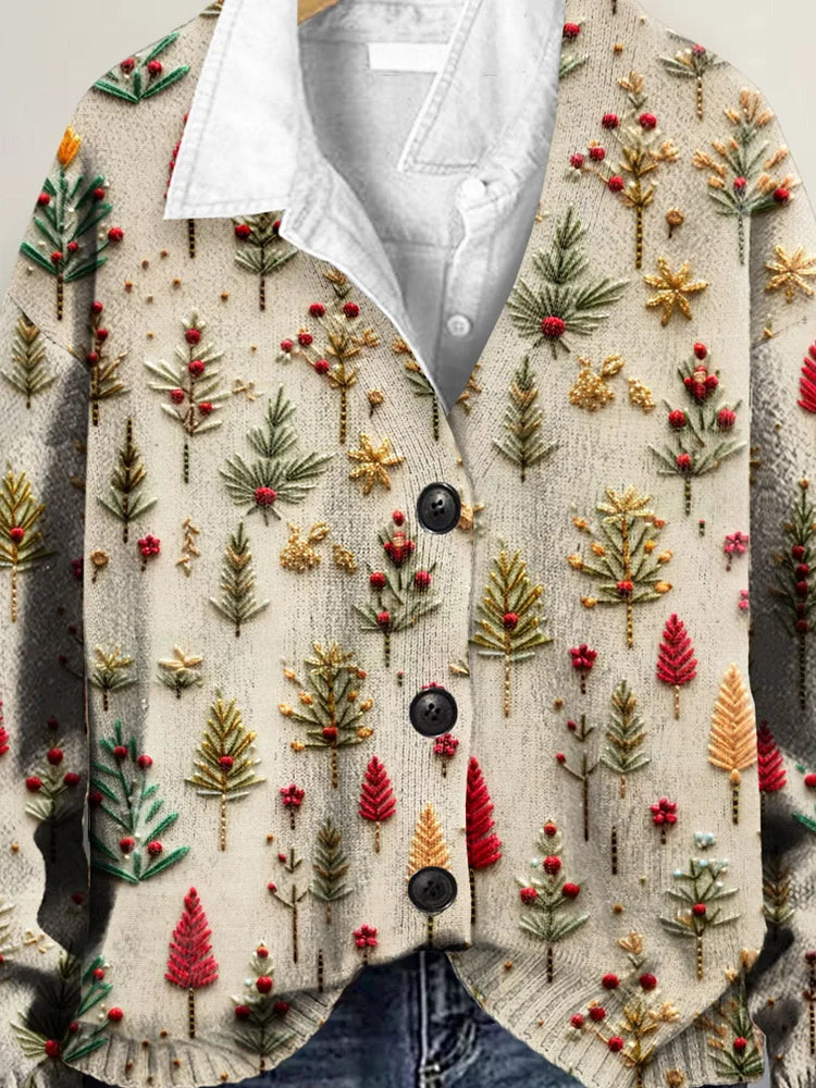 Cute Christmas Tree Art Print Buttoned V-neck Cardigan